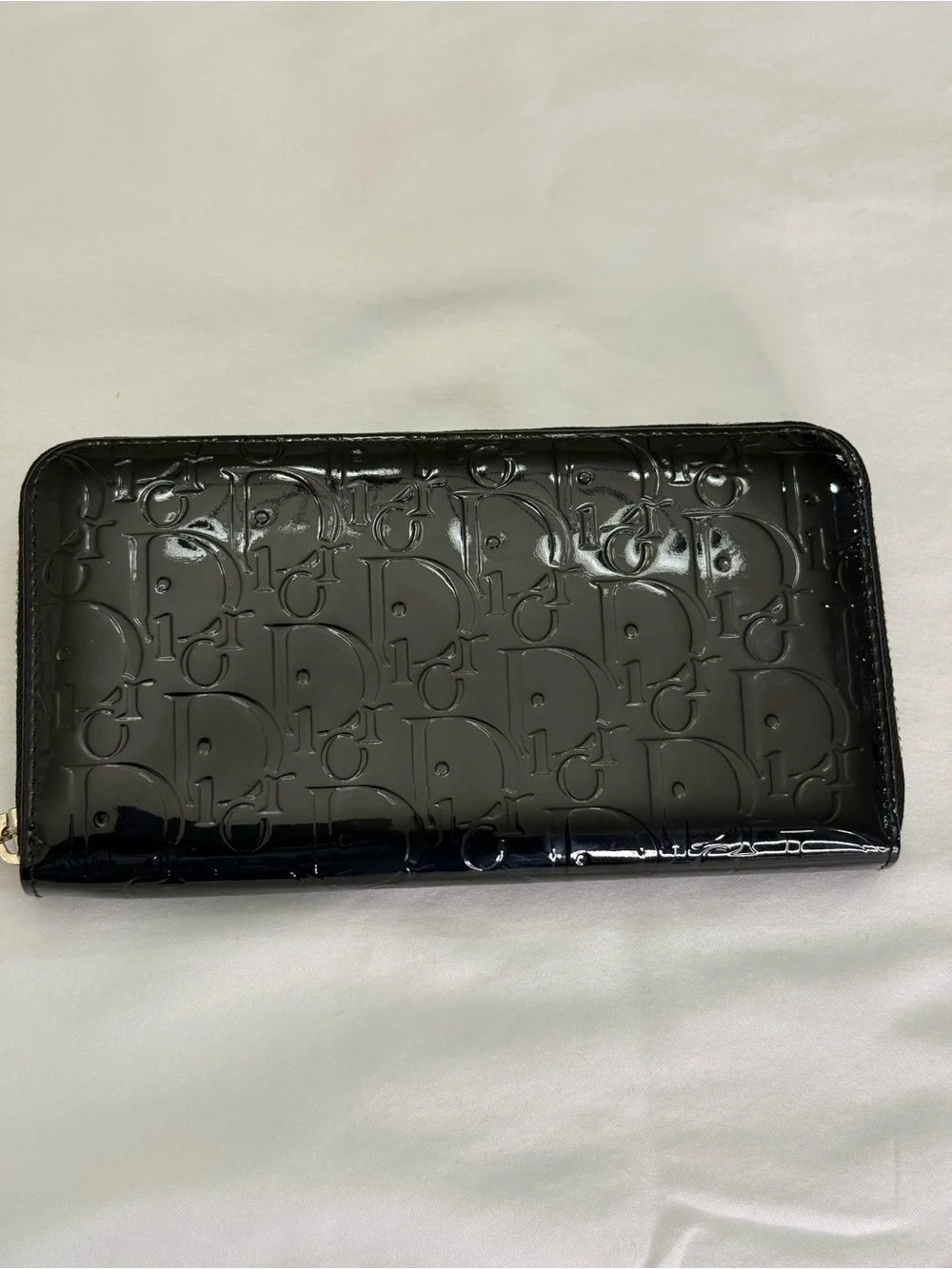 Dior Black Patent Embossed Zip Wallet